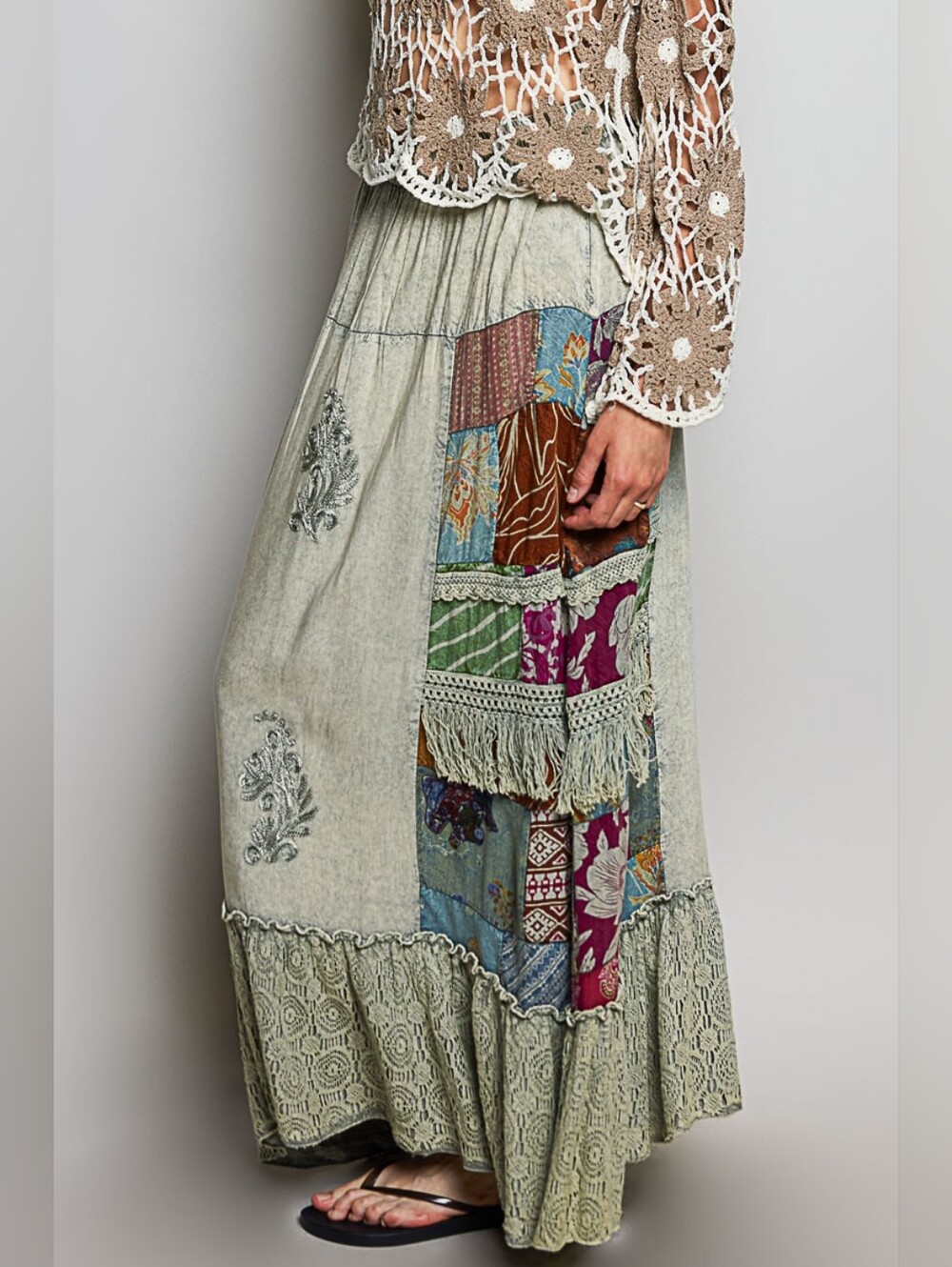 2-0610 POL Patchwork Fringe Boho Maxi Skirt in Sage Green